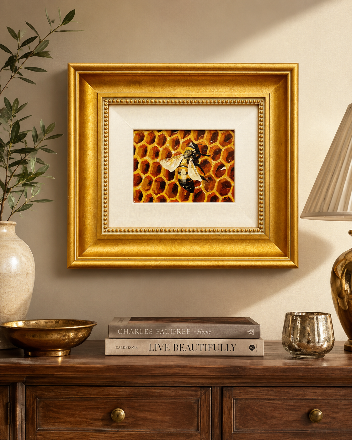 Jane Durham bee oil painting in a gilt frame