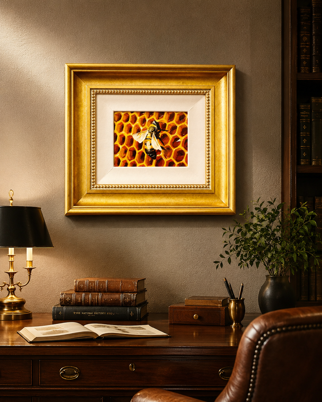 Jane Durham bee oil painting in a study