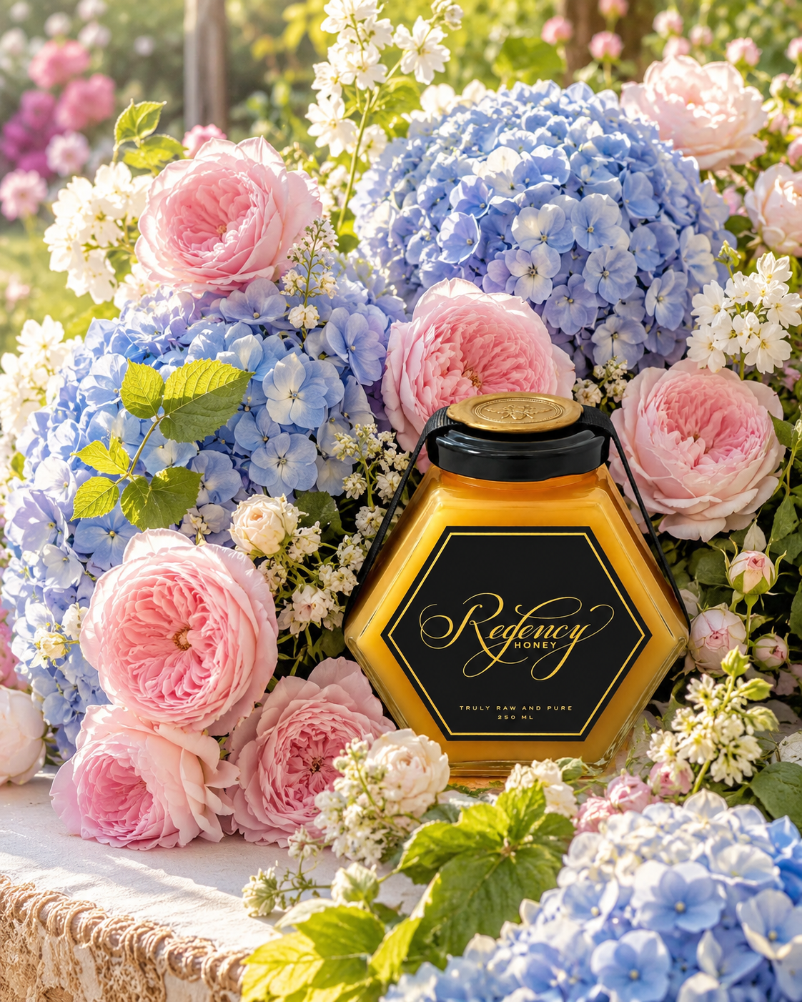 Regency Honey jar in a garden of hydrangeas and roses