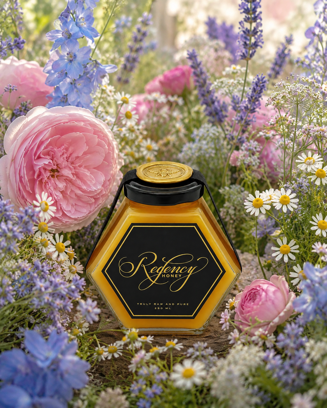 Regency Honey jar among wildflowers, lavender and chamomile