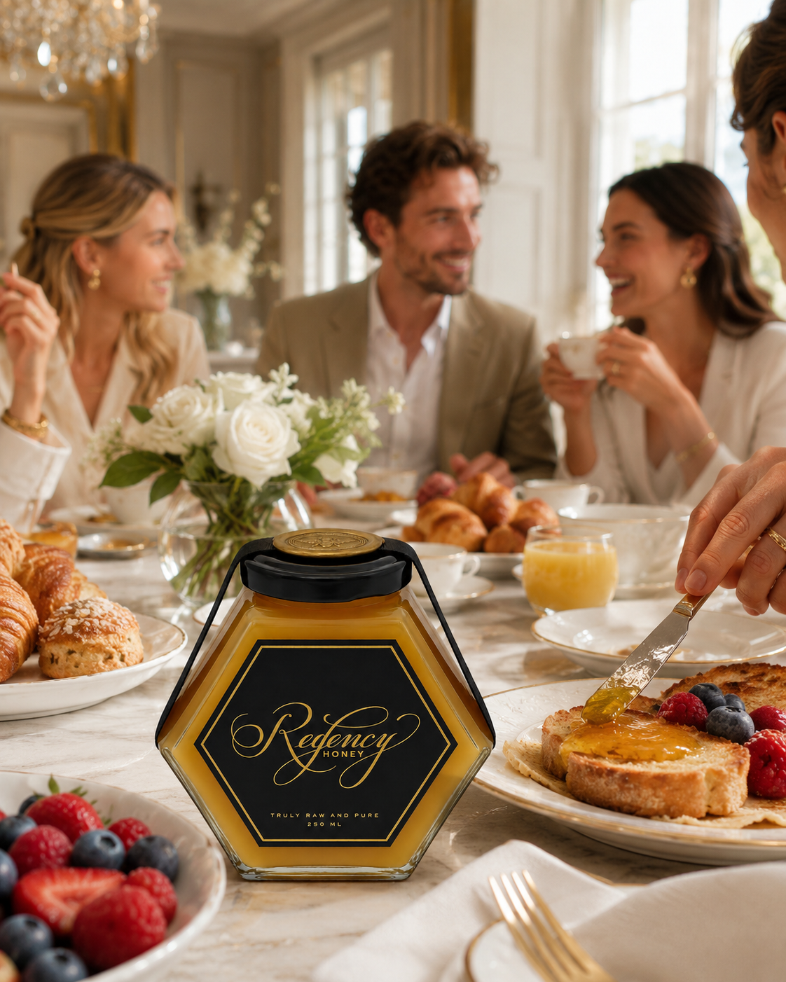 Friends sharing Regency Honey at a sunlit breakfast