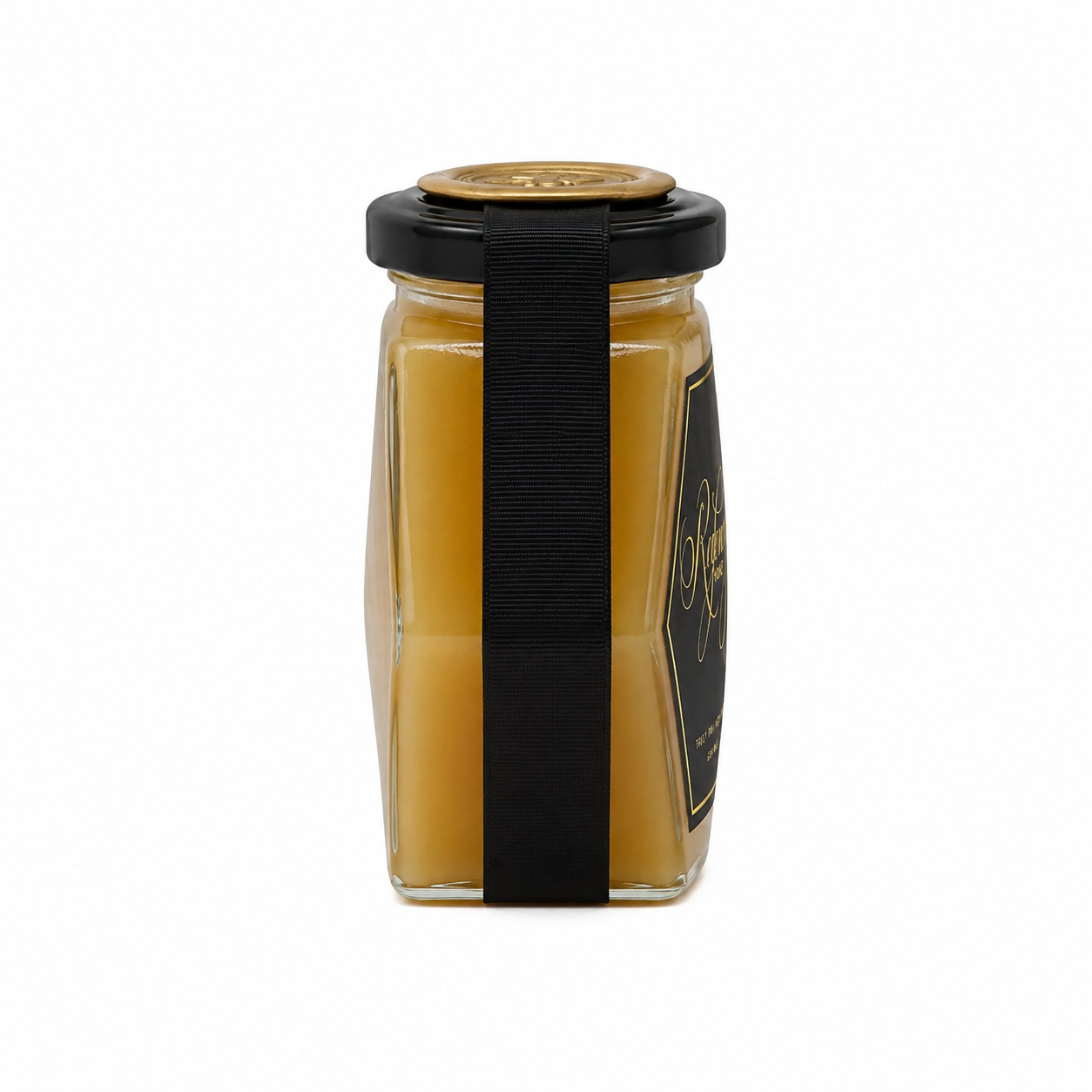 Side profile of the hexagonal jar with grosgrain ribbon