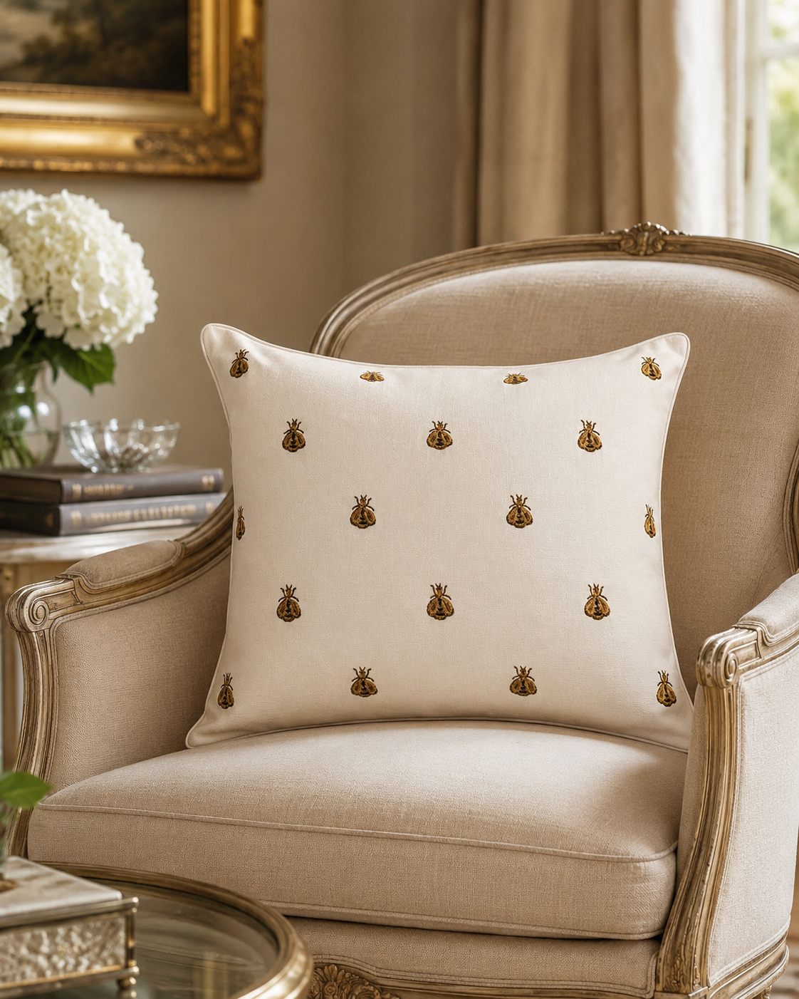 Napoleonic bee pillow in gold on a French armchair
